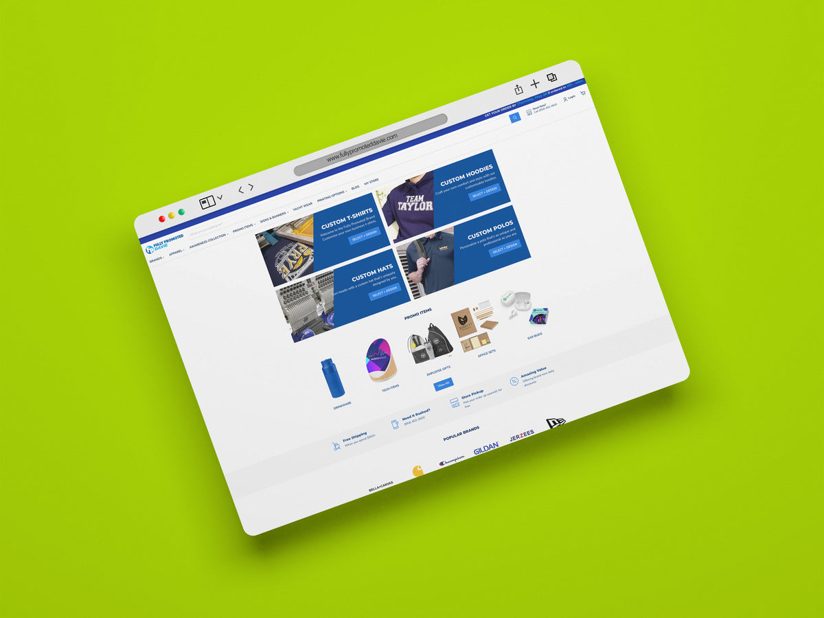 Custom Apparel, Embroidery, Screen Printing and Promotional Shopify store built by Dimelo 2Live.